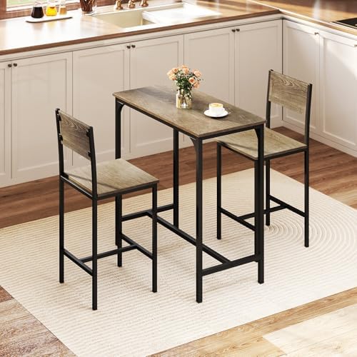 GIANTEX 3-Piece Bar Table and Chair Set with 2 Counter Height Bar Stools, Breakfast Nook Table Set for Small Space, Dinette, Pub, Kitchen, Apartment, Restaurant, Dining Table Set for 2 (Grey)