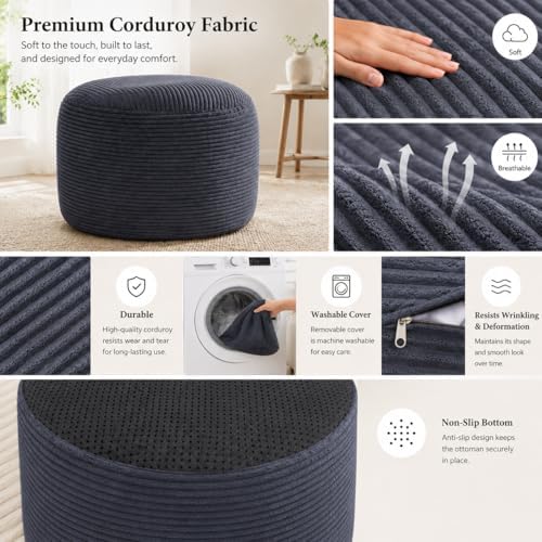 Round Stuffed Pouf Ottoman, Foot Stool Ottoman,Corduroy Poufs with Foam Chunk Filling, Furry and Fluffy Storage Ottomans, 26 X 18 Floor Poufs Foot Rest for Living Room,Gray