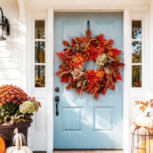 Autumn Harvest Wreath for Front Door 26 Inch, Fall Decor with Orange Dahlias Maple Leaves Berries Hydrangeas, Thanksgiving Halloween Wreaths for Front Door Grapevine Twig