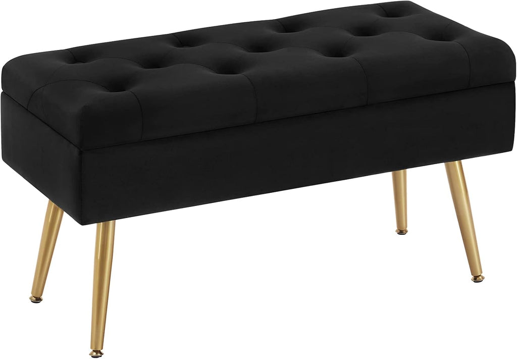 Gitrah Storage Bench Entryway Bench End of Bed Bench Ottoman Upholstered Velvet Bedroom Bench Tufted Bench with Golden Legs 32" Black