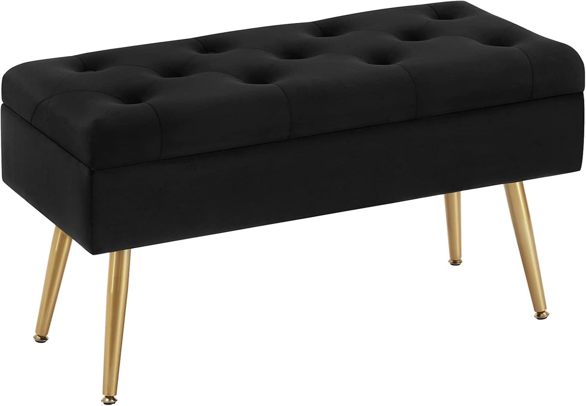 Gitrah Storage Bench Entryway Bench End of Bed Bench Ottoman Upholstered Velvet Bedroom Bench Tufted Bench with Golden Legs 32" Black