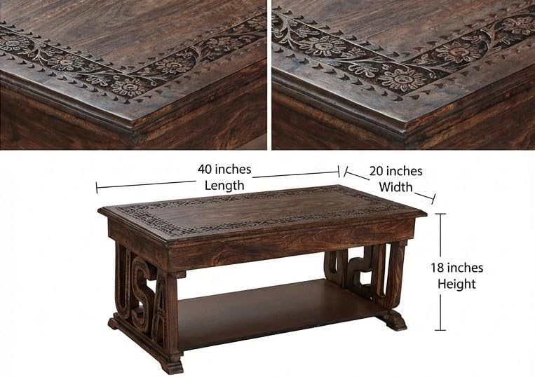Coffee Table in Solid Wood With Hand Carving 40x20x18"_Burnt Rectangular