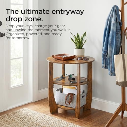 Round Side Table with Charging Station,19.7" D,Rustic Brown