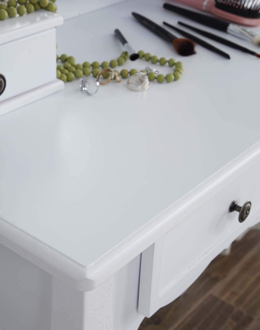 Montary Makeup Vanity Desk with 3-Panel Mirror, Wooden Vanity Dressing Table with 4 Drawers, Open Shelves & Stool Set, White