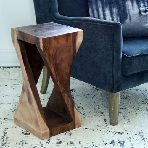 East at Main Cason Teak Side Table, Hand-Carved Twist Wood End Table