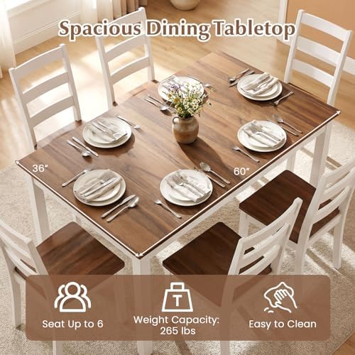 Giantex 7-Piece Dining Table Set for 6, Rectangular 60-inches Kitchen Table and 6 Dining Chairs with Rubber Wood Legs, Protective Foot Pads, Farmhouse Dinette Set for Dining Room, Restaurant (Brown)