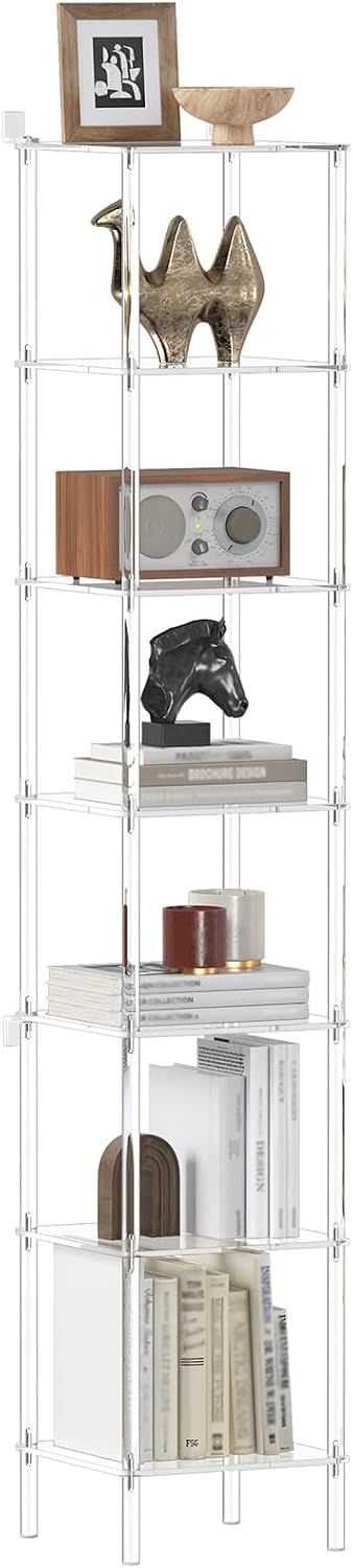 7-Tier Square Acrylic Bookshelf, Clear Tall Narrow Bookcase for Small Space, ...