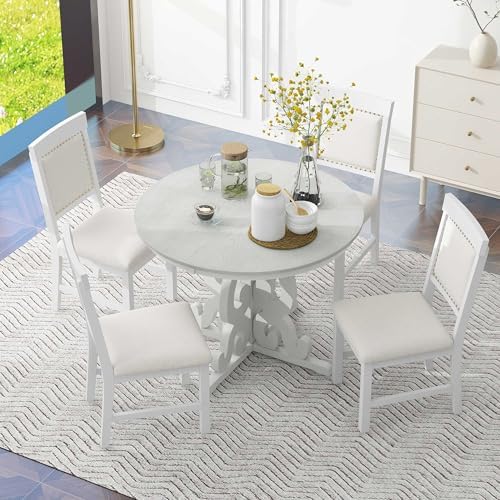 Extendable Dining Table Set for 4-6, Farmhouse Kitchen Table Set with Extendable Round Dining Table & 4 Upholstered Chairs, Solid Wood Table and Chairs Set for Kitchen, Dining Room, Antique White