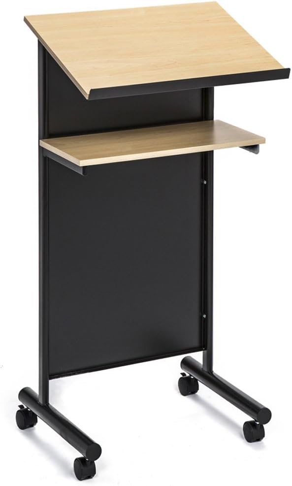 Audio-Visual Direct Wheeled Lectern - Standing Desk with Storage Shelf - Beec...