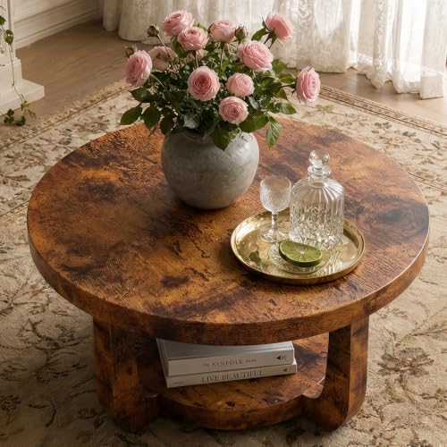Round Coffee Table, 2-Tier Circle Coffee Table with Storage (Brown)