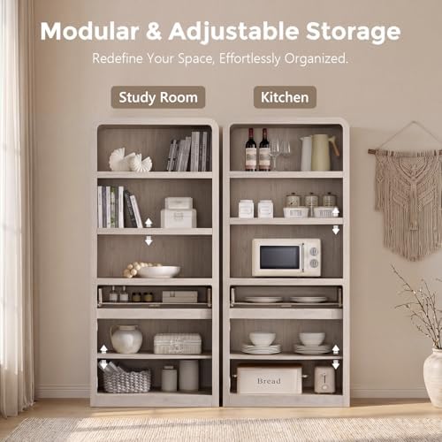 72" Tall Modern Bookshelf with Doors, 5-Tier Large Bookcase w/Drawer, Wooden Storage Cabinet w/Adjustable Shelves, Versatile Book Shelf w/Curved Profile Design for Living Room, Office, Cream