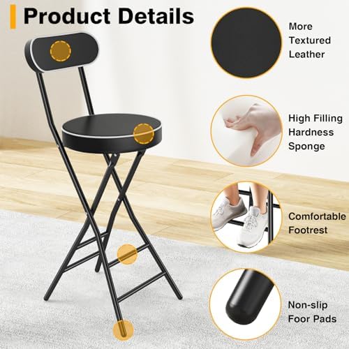 Folding Stool with Back Support, 24 Inch Portable Collapsible Bar Stool