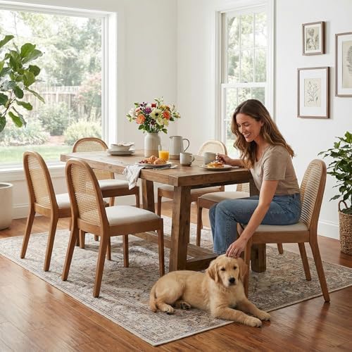 DUOMAY Mid-Century Modern Rattan Dining Chairs Set of 2, Wooden Dining Room Chair with Cane Backrest and Padded Seat, Linen Upholstered Dining Chair, Natural Finish, Beige