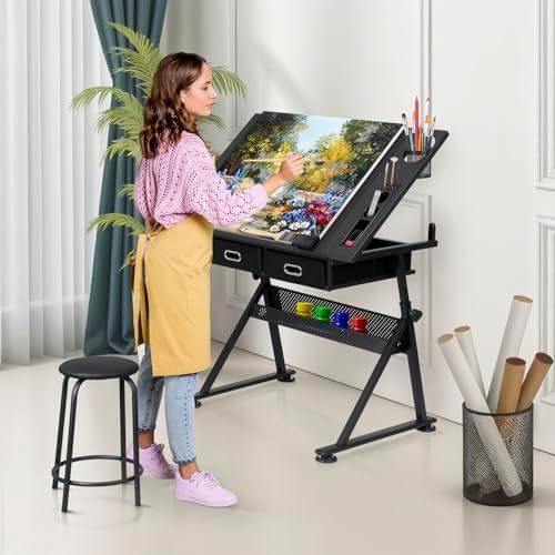 Nova Microdermabrasion Height Adjustable Drafting Table - Art/Craft Desk with Stool and 2 Slide Drawers for Reading, Writing, Crafting, Painting