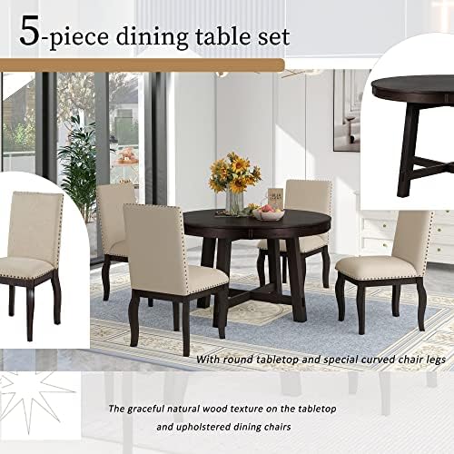 Harper & Bright Designs Farmhouse Extendable Round Dining Table Set, Round Wood Table with Shelf and Upholstered Chair Set Perfect for Family