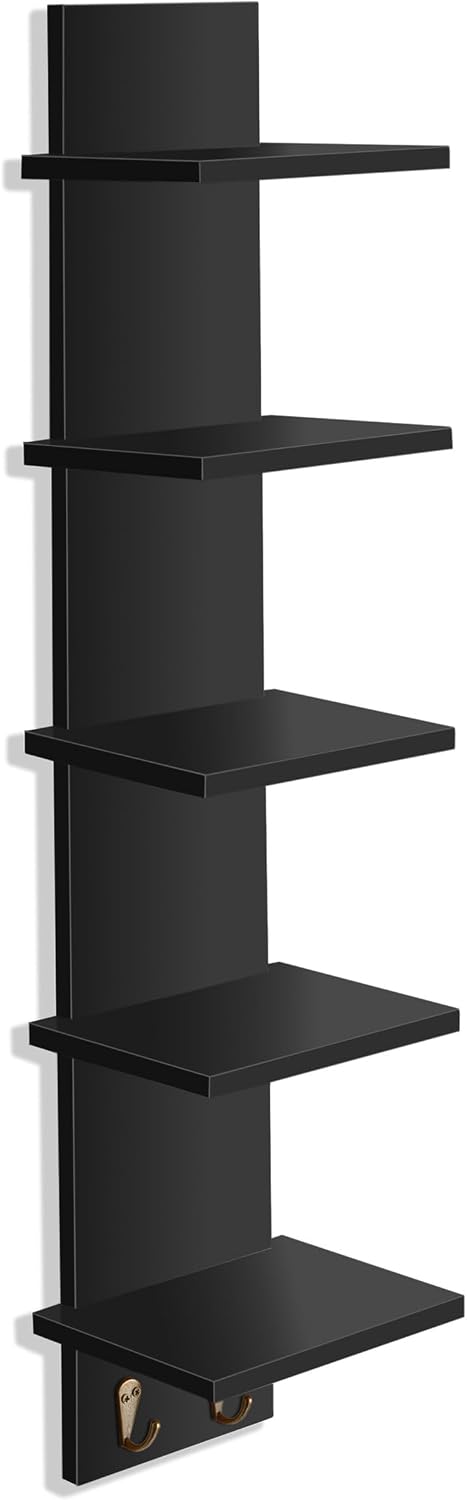 Sorbus 5-Tier Floating Wall Shelf with Hooks, 31 Inch (1 Pack, Black)