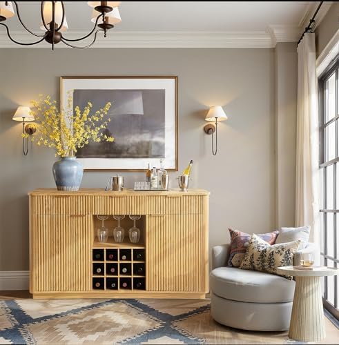 win2win 59" Fluted Sideboard, Wine Bar Cabinet with Faux Marble Top, Oak