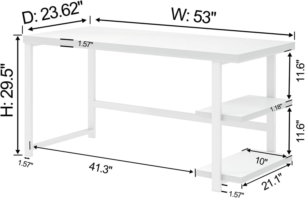 EXCEFUR White Computer Desk, Modern Home Office Desk with Storage Shelf, Wood and Metal Writing Study Table for Living Room Bedroom, 53 Inch