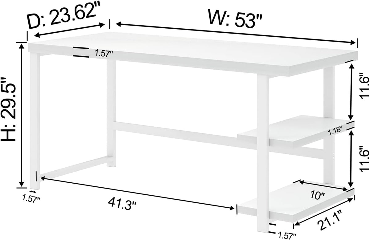 EXCEFUR White Computer Desk, Modern Home Office Desk with Storage Shelf, Wood and Metal Writing Study Table for Living Room Bedroom, 53 Inch
