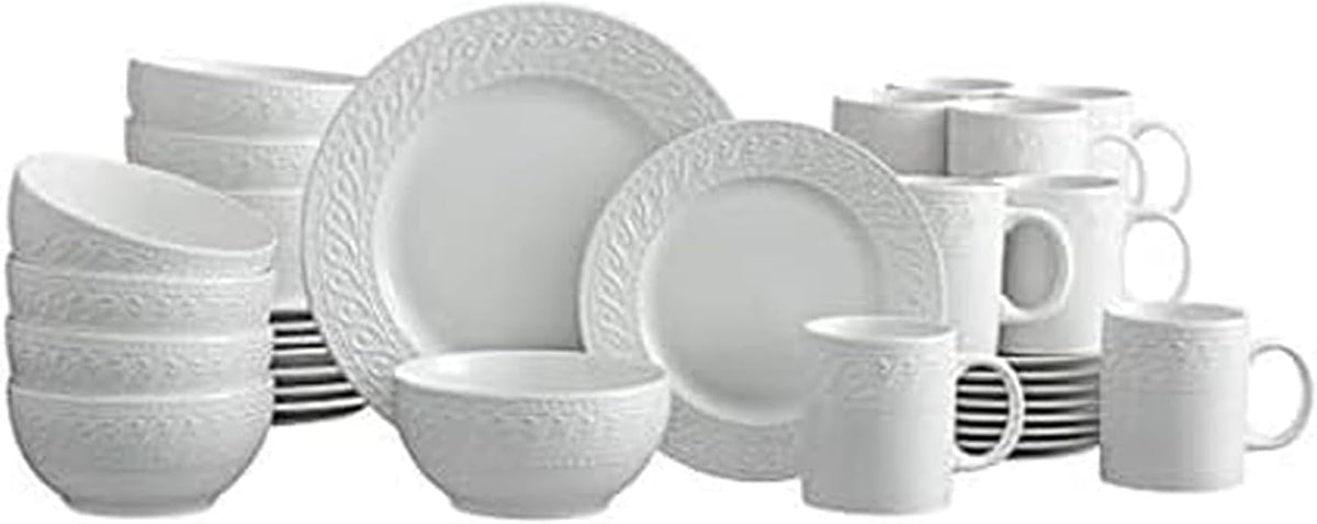 Pfaltzgraff Sylvia Dinnerware Set 32-Piece Service for 8 - White Porcelain Dinner Plates, Salad Plates, Soup Bowls and Mugs with Embossed Scrollwork