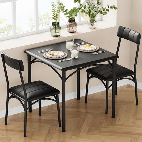GAOMON Dining Table Set for 2, Kitchen Table and Chairs for 2 with Upholstered Chairs, 3 Piece Dining Room Table Set, Square Kitchen Table Set for Small Space, Apartment, Studio, Rustic Black