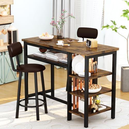 Recaceik 47" Bar Dining Table Set for 2, 3 Piece Bar Table and Chairs Set, Kitchen Counter Height Dining Table Set, Small Kitchen Bar Table with Storage & 2 Stools, Breakfast Nook Set for Small Space
