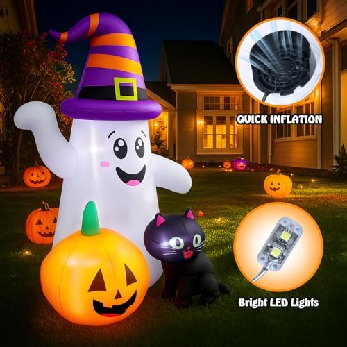 5 FT Halloween Inflatables, Cute Ghost with Pumpkin Black Cat Blow Up