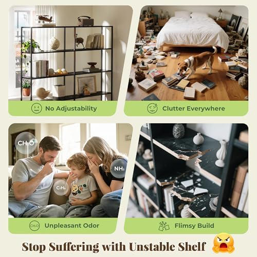 Huuger 6 Tier Bookshelf with 12 Open Shelves and Raised Baffle, Black