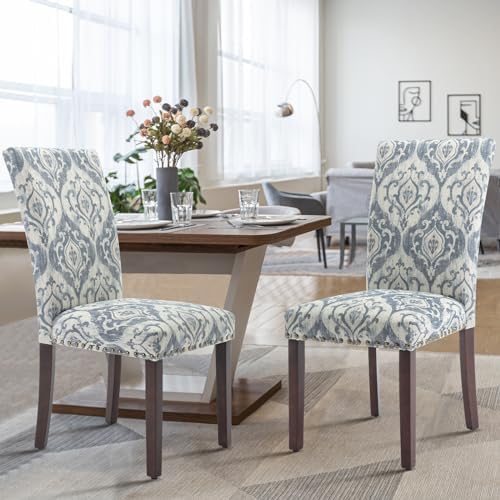 COLAMY High Back Dining Chairs Set of 2, Blue/White Flower