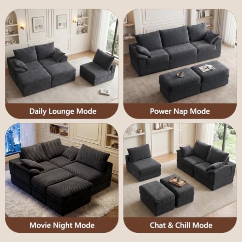 107" Modular Sectional Sofa Couch with Storage,U-Shape 3 Seat Comfy Modern Cloud Couch Sofa with Ottoman, 27" Deep Seat Corduroy Sofa for Living Room, Tool-Free Assembly -Dark Grey