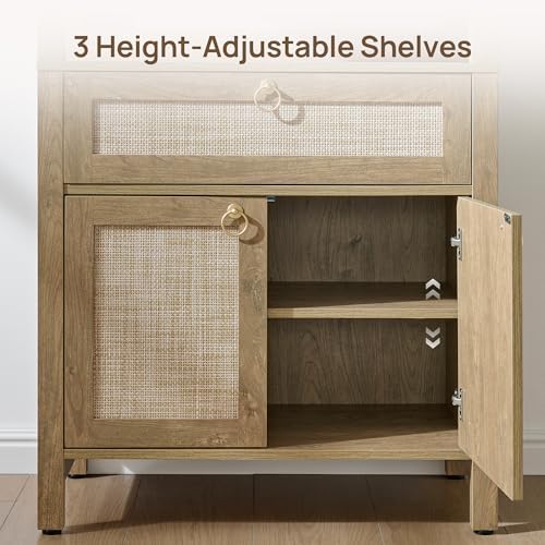 SICOTAS 68.5" Tall Boho Rattan Bookshelf with Single Drawer & Storage Doors