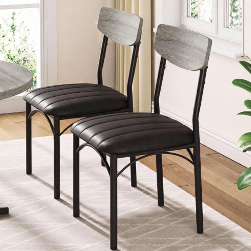 Jocoevol Dining Chairs Set of 4 - Upholstered Dining Room Chairs with PU Leather, Industrial Kitchen Chairs with Wooden Backrest and Thickened Metal Legs, for Dining Room, Living Room（Gray）