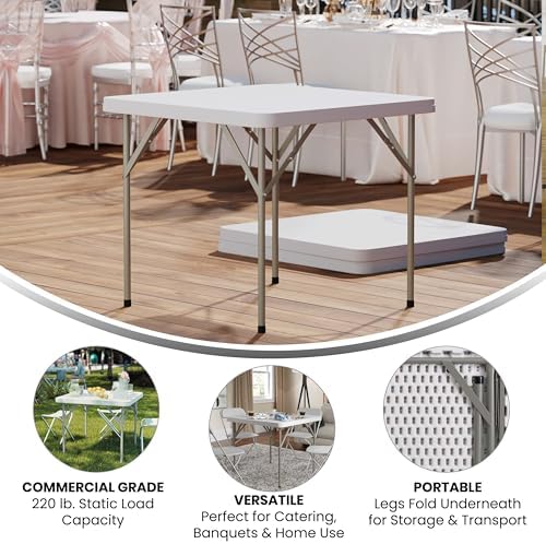 Flash Furniture Elon Square Plastic Folding Table, Portable Dining Card Table for 4 People, Indoor-Outdoor Use, 34.25", Granite White