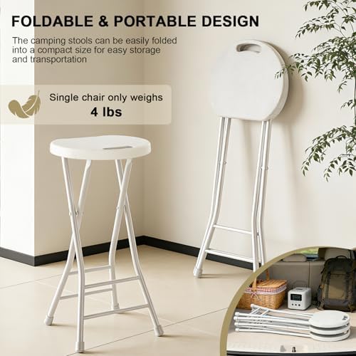 24 Inch Folding Stool with Handle & Non-Slip Feet, Set of 2, White