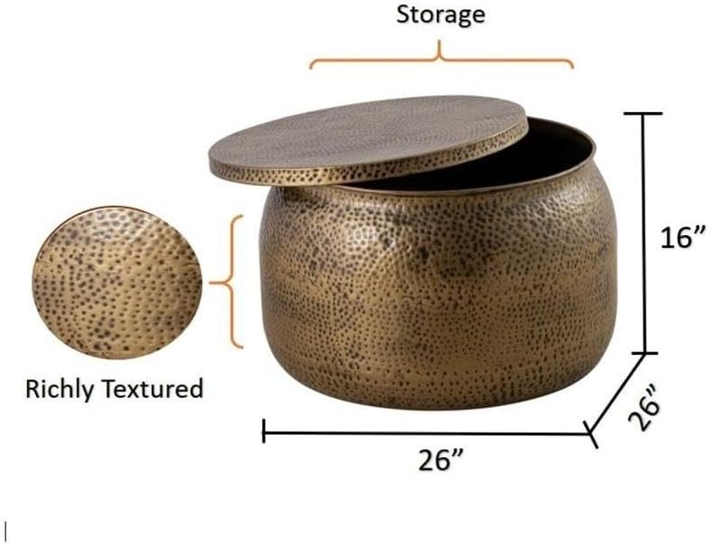 Albany Living Hammered Aluminum Drum Coffee Table with Storage, Brass