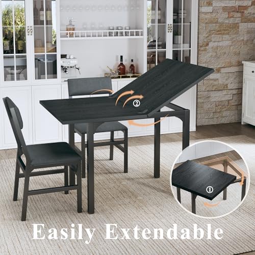 HUAHUU Dining Table Set for 4, Extendable Kitchen Table Cushion Chairs Set of 4, Rectangle Dining Table with Metal Frame & MDF Board, Folding for Small Apartment Saving Space, Black