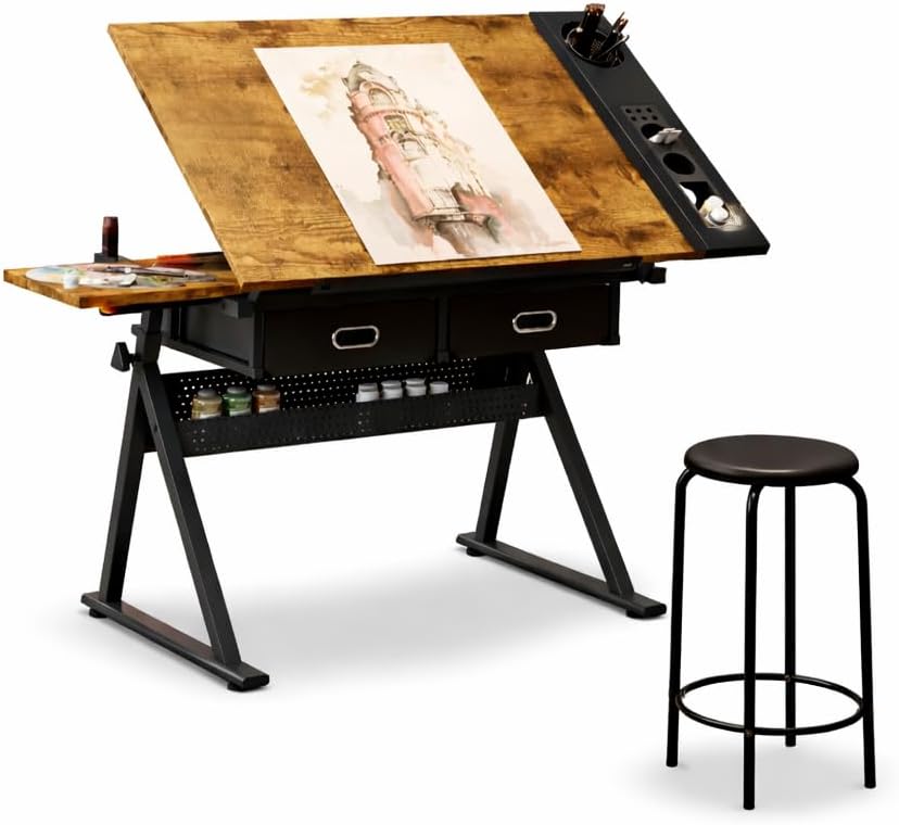 Art Desk with Storage, Drafting Table with Storage Adjustable Drawing Drafting Table Desk, Extra Large Desktop with Tilting Top & 2 Drawers, Foldable Craft Painting Table (New Rustic Brown)