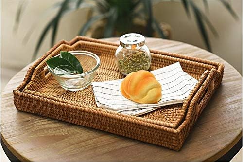 Hand-Woven Rattan Rectangular Serving Tray with Handles for Breakfast, Drinks...