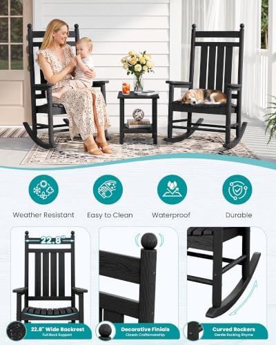 SERWALL Comfortable Outdoor Rocking Chairs Set of 3, Black