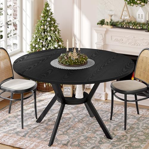 Black Wood Dining Table for 2-4, 42 Inch Round Kitchen Table with Storage