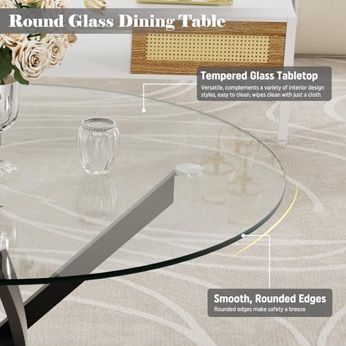 Small Dining Table Set for 4, 36" Round Kitchen Table with 4 Teddy Boucle Dining Chairs, Tempered Glass Top with Metal Legs(All Black)