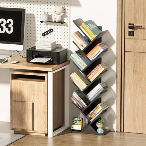 10 Tier Tree Book Shelf, Floor Standing Wood Bookshelf for Narrow Space
