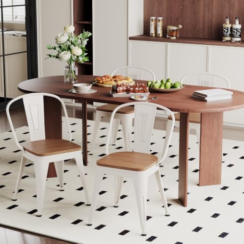18 Inch Metal Dining Chairs Set of 4 Farmhouse Kitchen Chairs with Wooden Seat and Metal Backrest Stackable White Dining Room Seating