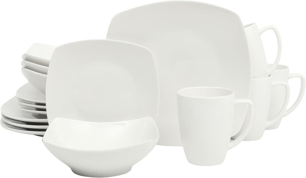 Gibson Home Zen Buffet White Porcelain Dinnerware Set for 4, Square Plates Bowls and Mugs, Chip and Scratch Resistant, Dishwasher and Microwave Safe, 16 Piece