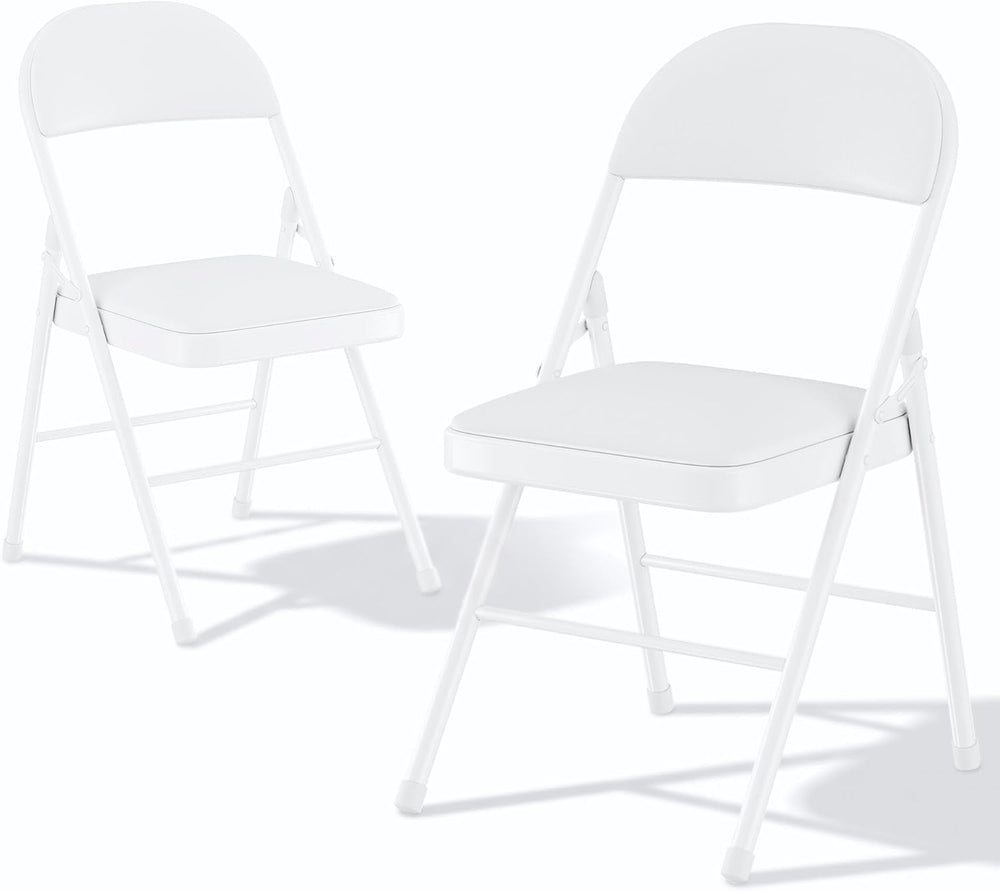 VECELO Folding Chairs Set of 2, Faux Leather Padded, White