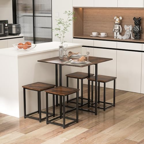 Tangkula Compact Dining Table Set for 4, Small Kitchen Table Set with Square Stools and Metal Frame, Perfect for Small Spaces, Home Kitchen Bar and Apartments