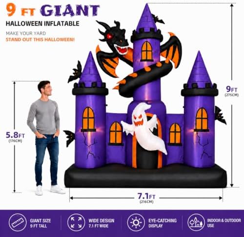 9 FT Giant Halloween Inflatable Haunted Castle with Dragon and Ghost