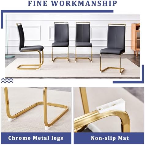YUNDREAM Modern Marble Dining Table Set for 4,White Gold 63'' Dining Room Table with Chrome Plated X-Shaped Frame and Black Leather Dining Chairs,Easy Assemble,Kitchen Table and Chairs for Dining Room