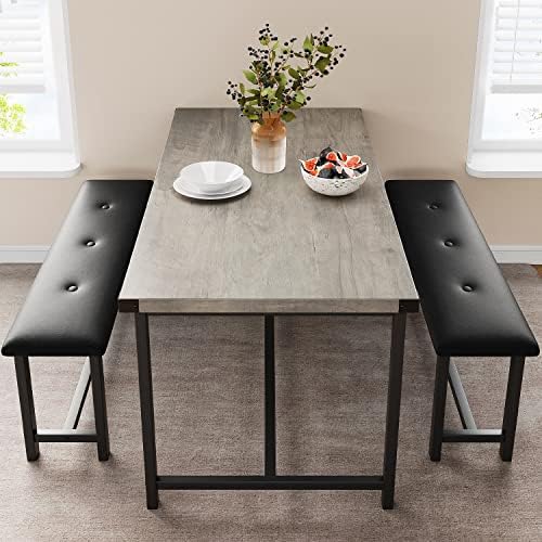 IDEALHOUSE Dining Table Set for 4, Kitchen Table with Upholstered Bench, 3 Piece Rectangular Dining Room Table Set with 2 Benches, for Small Space, Apartment, Studio, Home, Retro Gray