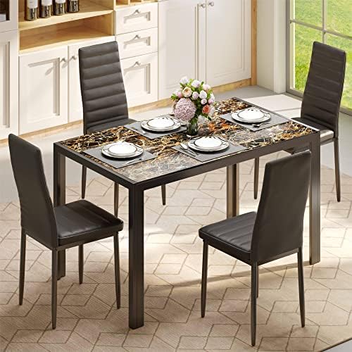 Gizoon 5 Piece Glass Dining Table Set, Kitchen Table and Chairs Set for 4